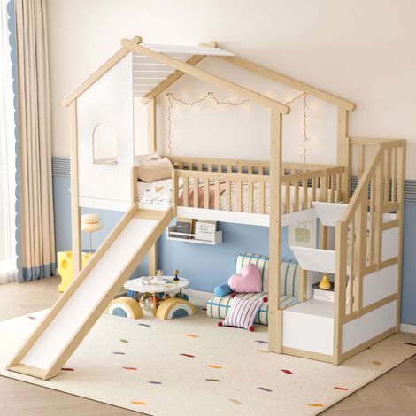 Lit enfant 90x200 surélevé avec toboggan OKMYHOME (1/5)