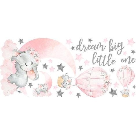 Autocollants muraux Éléphant Rose Lune Étoile Ballon à Air Chaud Animaux Décor Vinyle Art pour Chambre Enfants Maison (1/5)