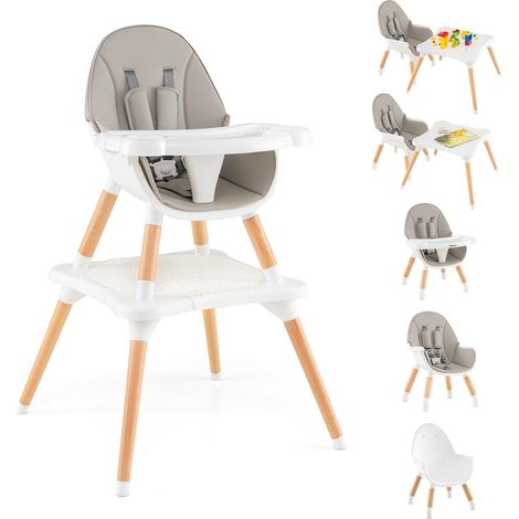 GOPLUS 6-en-1 Chaise Haute Bébé, Chaise Haute Evolutive avec Plateau Amovible, Harnais à 5 Points, Table à Blocs de Construction, Table d'Apprentissage et Chaise en Bois pour 6-36 Mois (Gris) (1/5)