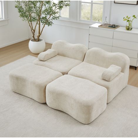 Canapé modulable 2 places avec 2 poufs, velours beige, mousse 32D (1/5)