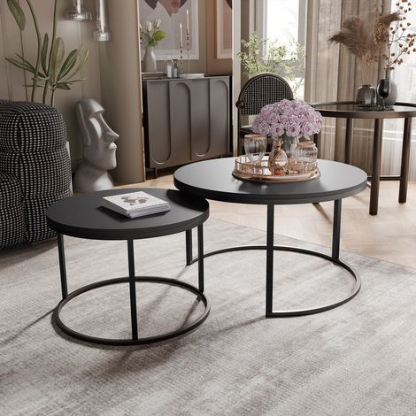 Lot de 2 Tables Basses Gigognes LAVO - 70/50 cm - Structure en Métal - Moderne Table Basse Ronde - Noir / Noir mat (1/5)