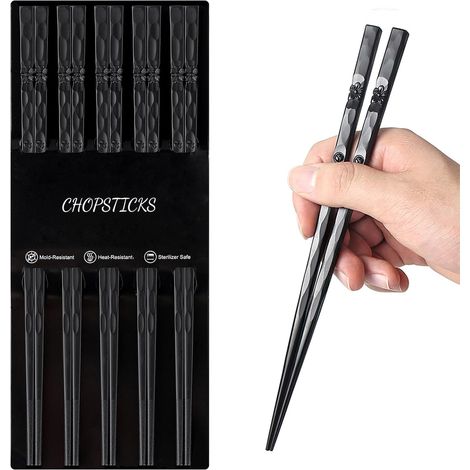 Lot de 5 paires de baguettes en fibre de verre, lavables au lave-vaisselle, réutilisables, en alliage noir, pour sushis japonais, antidérapantes, noires (1/5)