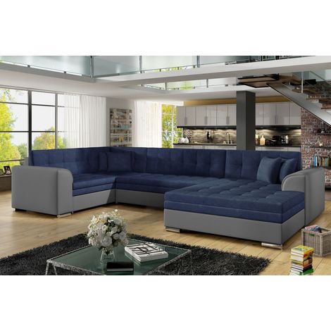 Canapé convertible panoramique tissu bleu marine et simili gris méridienne à droite Diana 340cm (1/5)