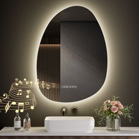 S'Afielina – Miroir lumineux de salle de bain 85 x 50 cm – Éclairage LED 3 couleurs – Antibuée avec Bluetooth et horloge – Protection IP44