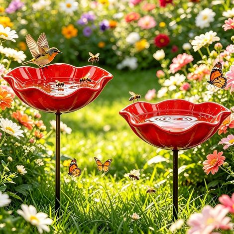 2 Stuick Bienentränke Blume für den Garten, Insektentränke Gartendekoration, Metall Gartenstecker für Rasen, Vogeltränke Blume, Dekorative Fütterschale für Vögel und Bienen (1/5)