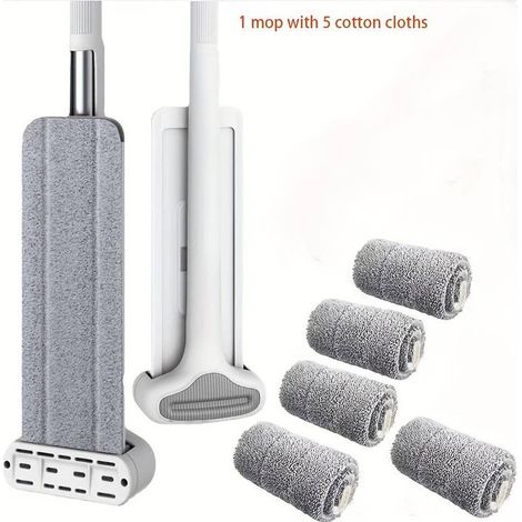 Balai-serpillère plat avec 5 lingettes, manche long, lavage mains libres, balai-serpillère rotatif résistant, utilisation sur sols secs et humides (1/5)