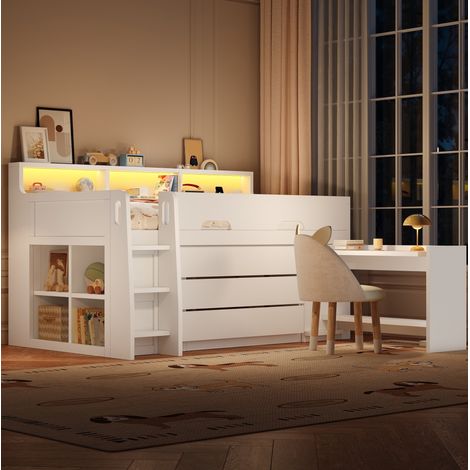 Lit mezzanine bas 90/200 cm blanc en contreplaqué et panneaux de fibres avec bureau mobile (1/5)