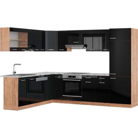 Cocina esquinera R-Line, Roble negro/dorado de alto brillo, 227 x 287 cm , ET Mármol, Vicco