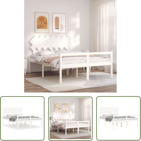 The Living Store - Cadre de lit avec tête de lit blanc 140x190 cm bois massif (1/5)
