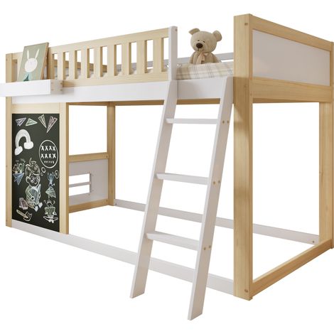 CAIziLit mezzanine pour enfant, avec petite ardoise à peindre, boîte de rangement, barrière de sécurité, espace de rangement sous le lit personnalisable, pin + MDF, blanc + naturel, 90x200cm (1/5)