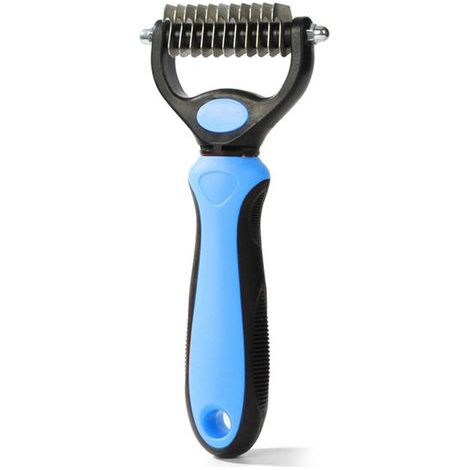 Brosse démêlante double face pour chien et chat, taille petite, 11 dents côté souple + 6 dents côté dense, couleur bleue, emballage blister (1/5)
