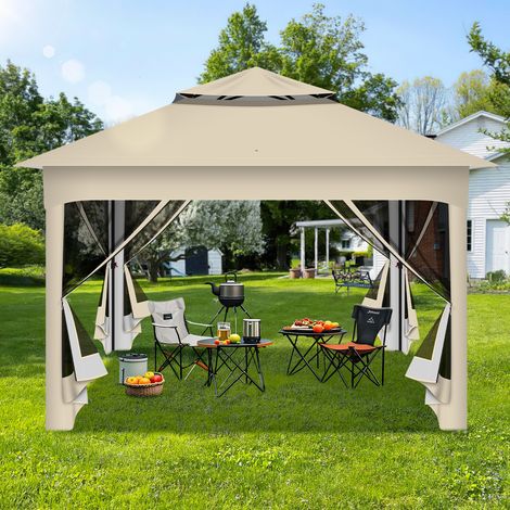 Jiubiaz Faltpavillon Pop-up 3,3×3,3×2,68 m – Gartenpavillon mit Moskitonetz, UV-Schutz, doppelt belüftetem Dach, inkl. Tragetasche & Sandsäcke, Beige