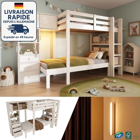 Lit superposé 90 x 200 cm avec éclairage LED détecteur, rangements intégrés (armoire, étagères, tiroirs), blanc, EN747-1/-2:2024 (1/5)