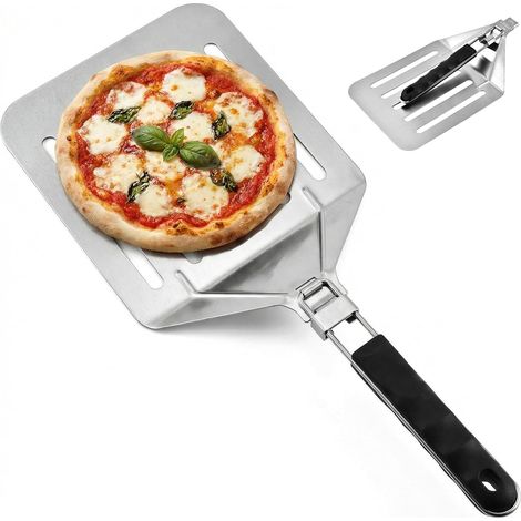 Pelle à Pizza Perforée, Pelle Pizza Inox avec Manche Pliable Suspendue, Convient aux Four et Grill pour Pizza, Pain, Gâteau des Rois et Tarte Flambée (20,3 x 23 cm) (1/5)