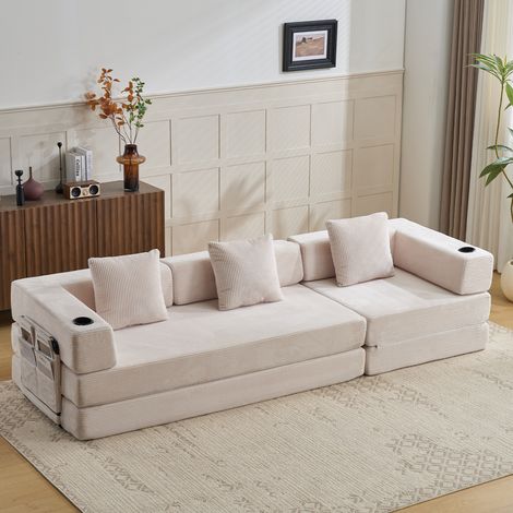 Sofá de suelo, sofá de compresión, sofá cama convertible con soporte para la espalda y reposabrazos, cama cómoda con portavasos y bolsillo lateral, tela de pana, para sala de estar y dormitorio, blanc (1/5)