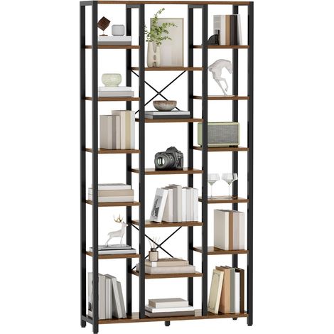 Bibliothèque, Support de Rangement pour Affichage Debout, Bibliothèque réglable à 7 Niveaux en Quinconce, pour Salon, Bureau, Marron Rustique et Noir (1/5)