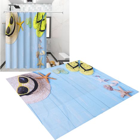 Rideau de douche à motif plage, imperméable, en polyester, avec crochets, pour salle de bain, 180 x 200 cm. (1/5)