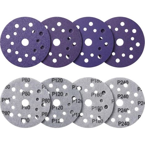 Papier abrasif 125 mm grain 80/120/180/240, 20 disques à poncer violets pour meuleuse d'angle – Ponçage humide/sec(17 Trous) (1/5)