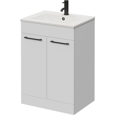Napoli 460 Gloss White 600mm 2 Door Vanity Unit with Angel Basin - 600mm - Matt Black 160mm Handle