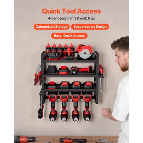 Organiseur mural pour outils électriques, support de rangement à 4 niveaux avec 4 emplacements, porte-outils avec support de tourne… (1/5)