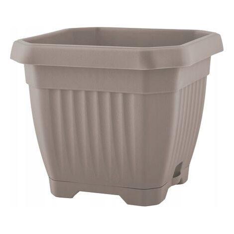 Vaso da fiori con sottovaso 25x25 cm in plastica beige per terrazzo/balcone, 1 pz. Ottagonale (1/2)