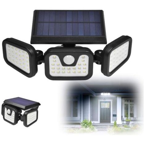 Projecteurs de sécurité solaires, 3 têtes rotatives, 74 LED, détecteur de mouvement, 550 lm, étanches IP65, pour allées, patios, garages et voies d'accès. (1/5)