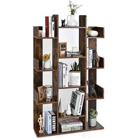 GOPLUS Bibliothèque avec 13 Tablettes Ouvertes-86x23,5x140,5CM-Charge Totale 90KG avec Cloison Haute et Dispositif Anti-Bascule,Brun (1/5)