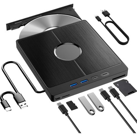 Lecteur CD DVD externe USB 3.0 type C, externe avec lecteur de carte SD/TF, graveur RW portable, lecteur DVD externe pour tous les PC, ordinateur portable, ordinateur de bureau, MacBook (1/5)