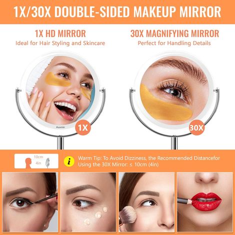 Miroir Maquillage Grossissant 1X et 30X Double Face, Miroir de Table avec Support Rotation à 360°, Pivote à Deux Côtés pour Chambre et Salle de Bain, Diamètre 17cm