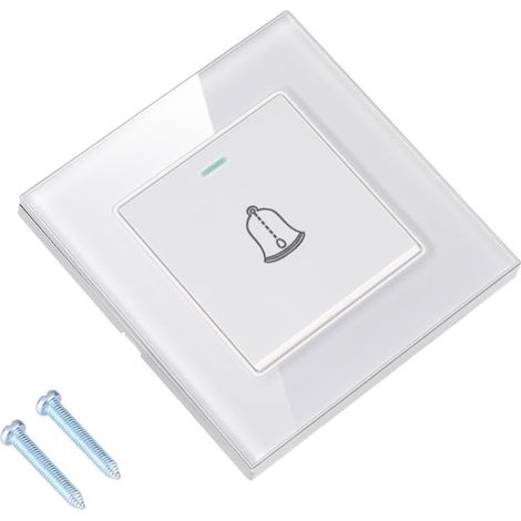 Interrupteur de Sonnette, 8,6×8,6cm Bouton Sonnette Exterieur en Verre Trempé avec Vis, 16A 220250V Exterieur Etanche Bouton de Pression Encastré pour Maison, Hôtel (Blanc) (1/5)