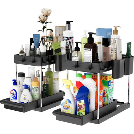 Lot de 2 organiseurs de sous-sol pour salle de bain et cuisine avec tiroir coulissant, étagère panier coulissante, 2 étagères, étagère sous évier de rangement amovible (Noir) (1/5)