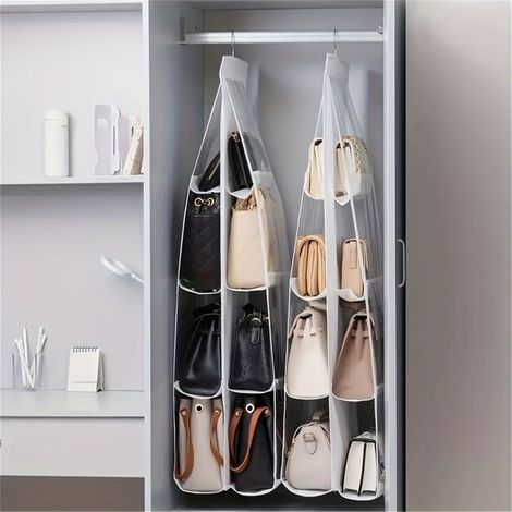 Lot de 2 organisateurs de sacs à main suspendus à 8 poches, sac de rangement suspendu transparent, sac organisateur, organisateur gain de place pour armoire/placard (blanc)