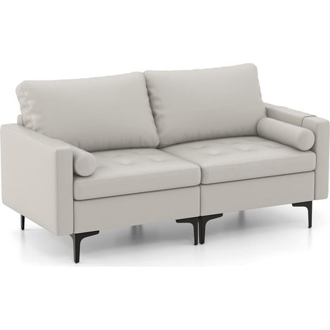 Costway – Canapé 2 places droit avec coussins et poche latérale – Système d'élasticité distribuée – Tissu Leathaire gris clair – Dimensions 172x78x80cm (1/5)