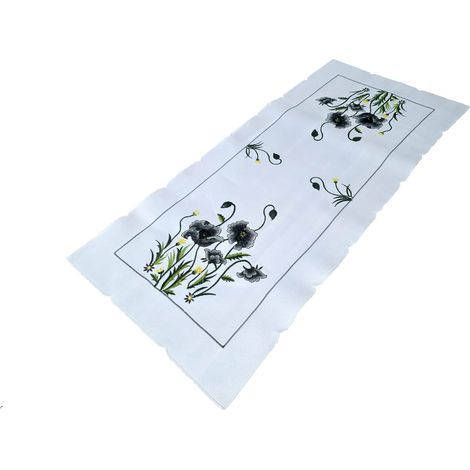 Tischläufer, rechteckig, weiß, 40/85 Satin-Material, gestickte Blumen (1/5)