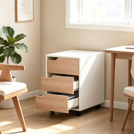 Rollcontainer (40x50x57.5 cm), mit 3 Schubladen, auf Rollen, MDF und Metall, Weiß und Eiche (1/5)