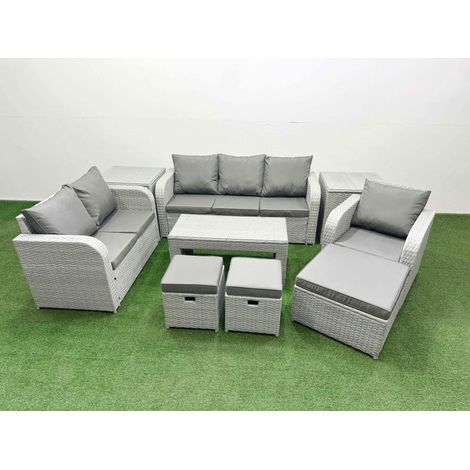 Fimous Patio PE Wicker 9 Seater Outdoor Rattan Furniture Sofa Sets with Oblong Coffee Table Reclining Chair Loveseat Sofa 3 Seater Sofa Stool 2 Side Table Light Grey (1/4)