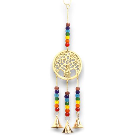 Campanas Indias - Ãrbol de la Vida de LatÃ³n con Cuentas de Chakra - 3 Campanas - 6.5x31cm