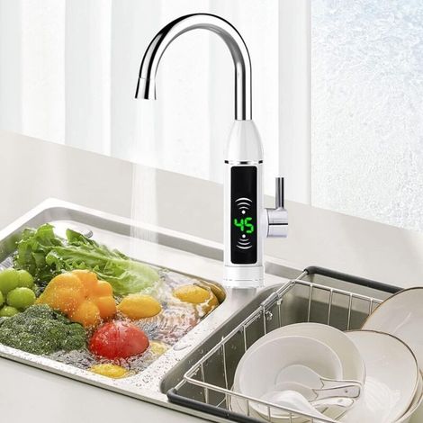 Instant Electric Hot Water Faucet, 360 Degree Rotatable Electric Water Heater, Hot and Cold, with LED Temperature Display, Silver (1/5)