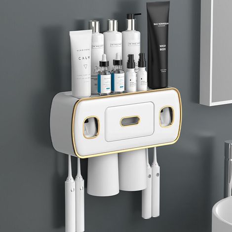 Support Mural pour Brosse à Dents avec Double Distributeur Automatique de Dentifrice,Porte Brosse à Dents Mural,avec 4 Fentes pour Brosse Dents,2 Tasses magnétiques,sans Perçage,Ivory