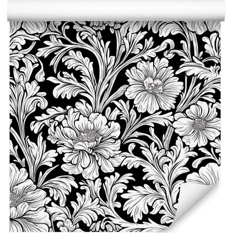 Papier peint à fleurs noires et blanches, gris, gris clair et graphite, 50 x 1000 cm (1/5)