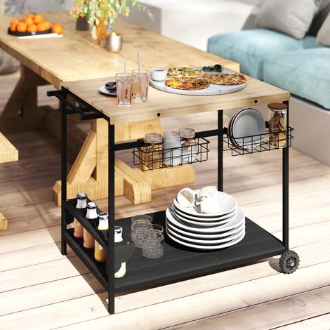 Desserte de jardin chariot pour plancha barbecue en bois et avec métal poignée 2 plateaux 2 paniers et porte-bouteilles
