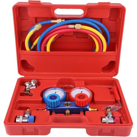 Zoternen SOULONG R134a Manometer mit dreifarbigen Ladeschläuchen und Adapter, für Klimaanlagen im Auto (1/5)