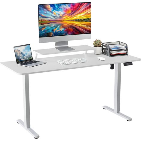 Höhenverstellbarer Schreibtisch 140 x 60 cm, Elektrischer Schreibtische Höhenverstellbar, Gaming Tisch mit Monitorständer, Stehpult Verstellbarer Computertisch, Adjustable Standing Desk, Weiß (1/5)
