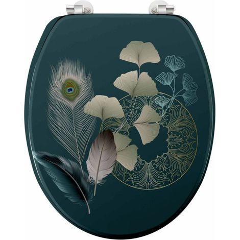 Paris Prix – Abattant WC imprimé ginkoblue 45cm – Vert foncé – MDF & métal – Charnières en métal pour installation facile (1/5)