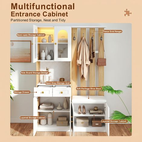 Armoire garde-robe avec banc et éclairage LED, meuble d'entrée avec rangement chaussures et panneau à lamelles, montage réversible gauche/droite, design moderne blanc et chêne, H180 x L120 x P30 cm (1/5)