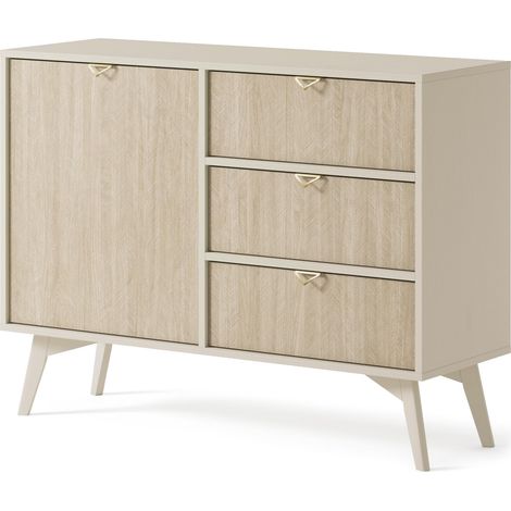 Cassettiera: Beige sabbia / Spina di pesce scandi, gambe in legno, 106 x 80 x 38 cm (1/5)