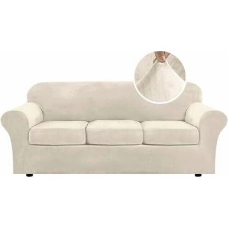 Modernes vierteiliges Stretch-Sofabezug-Set aus Samt, passt luxuriös, geeignet für Dreisitzer-Sofas, maschinenwaschbar, maximale Größe 90 Zoll, elfenbeinfarben.