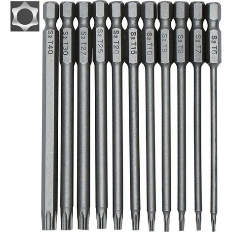 Jeu de 11 embouts longs Torx pour tournevis et visseuse électrique - Embouts magnétiques - Tige hexagonale de 1/4" - Tailles T6 à T40 - Longueur 100 mm (1/5)