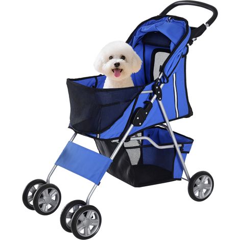 Carrito para Perros Pequeños con Toldo Ajustable Cesta de Almacenaje Portavasos y 2 Ruedas Universales 75x45x97 cm Azul (1/5)