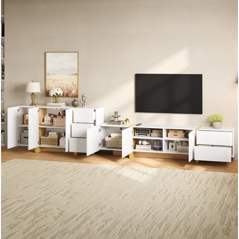 Meuble TV bas et buffet mural à rainures, combinaison de rangement blanche en MDF et panneau de particules pour salon moderne - CHICFURN (1/5)